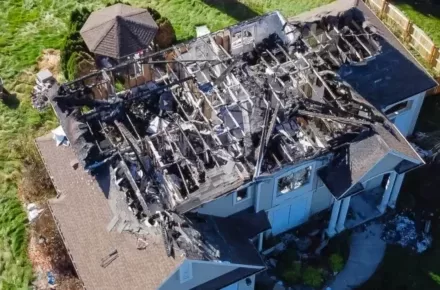 Aerial view of a fire-damaged house with exposed roof framing