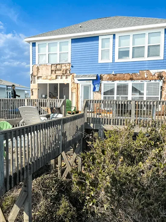 Exterior siding removed and wall framing exposed during RGR reconstruction in Oak Island, NC