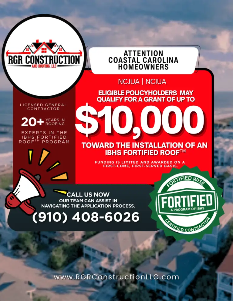 Fortified roof grant program Wilmington NC NCJUA grant up to $10000 roofing contractors Wilmington NC Fortified roof installation coastal North Carolina