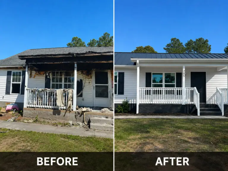 Before and after fire damage restoration project in Wilmington NC by RGR Construction and Roofing showing damaged home exterior restored with new siding, porch repairs, and metal roof.