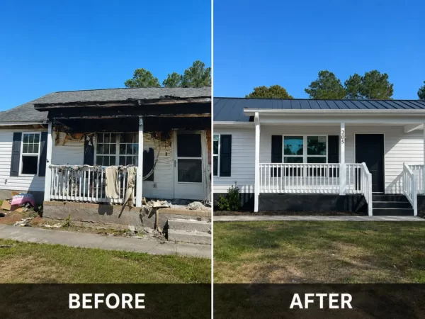 Before and after fire damage restoration project in Wilmington NC by RGR Construction and Roofing showing damaged home exterior restored with new siding, porch repairs, and metal roof.