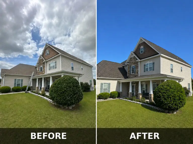 Before and after asphalt shingle roof replacement on a coastal home by RGR Construction and Roofing in Southeastern North Carolina.
