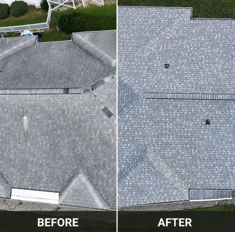 Before and after aerial roof replacement in Carolina Beach NC by RGR Construction and Roofing showing old shingles replaced with new coastal roofing system.
