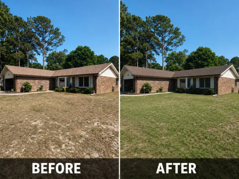 Before and after roof replacement by RGR Construction and Roofing on a brick home in Sunset Beach NC - local roofing contractors near me