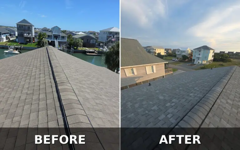 Before and after roof replacement in North Topsail Beach NC by RGR Construction and Roofing showing a coastal shingle roof upgrade.