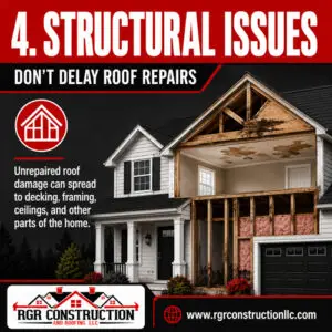 Structural roof damage affecting decking framing ceilings and interior areas in Wilmington NC by RGR Construction and Roofing