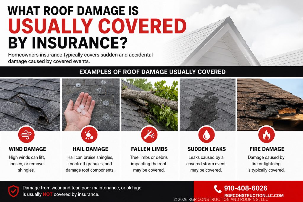 Infographic showing roof damage usually covered by insurance including wind damage, hail damage, fallen limbs, sudden leaks, and fire damage by RGR Construction and Roofing in Wilmington NC.