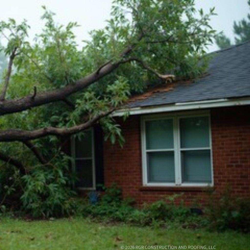 Tree fallen on roof causing storm damage to a brick home in Wilmington NC