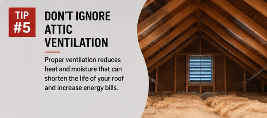 Roofing tip graphic from RGR Construction and Roofing showing an attic vent and explaining that proper attic ventilation can help extend roof life.