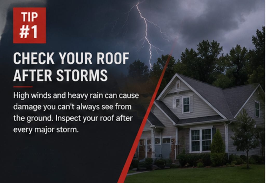 Roofing tip graphic from RGR Construction and Roofing showing a storm near a home and advising Wilmington NC homeowners to check their roof after major storms.
