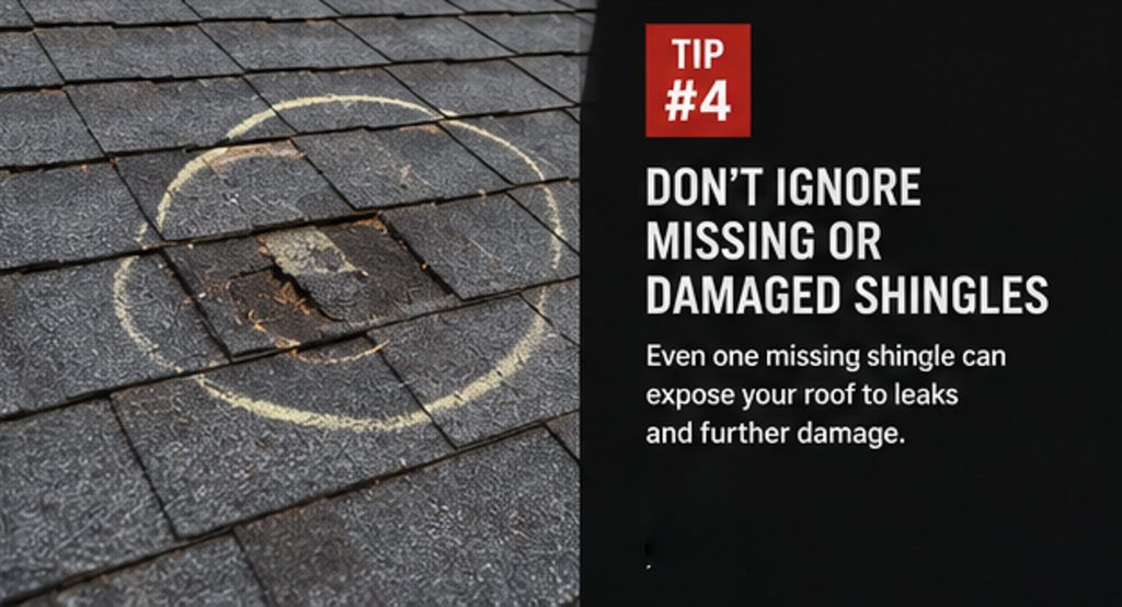 Roofing tip graphic from RGR Construction and Roofing showing damaged shingles marked on a roof and advising homeowners not to ignore missing or damaged shingles.
