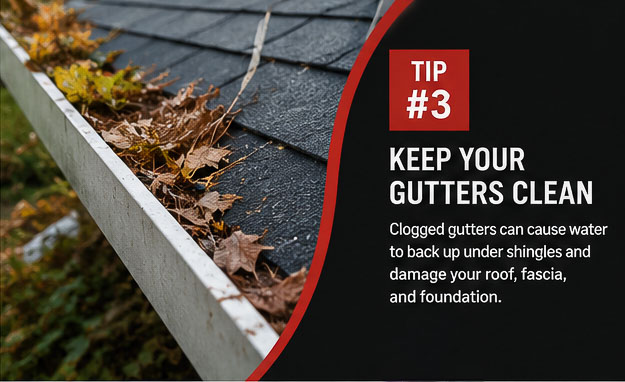 Roof maintenance tip graphic from RGR Construction and Roofing showing leaves in a gutter and advising homeowners to keep gutters clean.