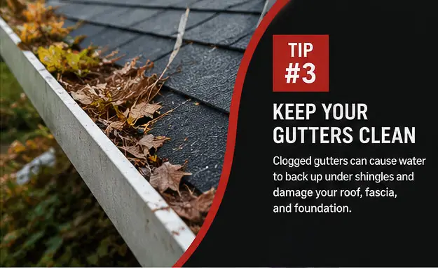 Roof maintenance tip graphic from RGR Construction and Roofing showing leaves in a gutter and advising homeowners to keep gutters clean.