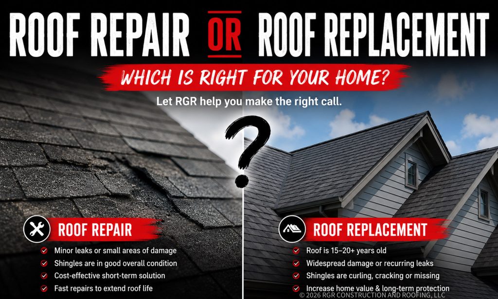Roof repair or roof replacement question graphic for homeowners in Wilmington NC by RGR Construction and Roofing.