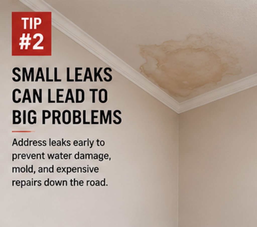 Roofing tip graphic from RGR Construction and Roofing showing a ceiling water stain and warning that small roof leaks can lead to bigger problems.