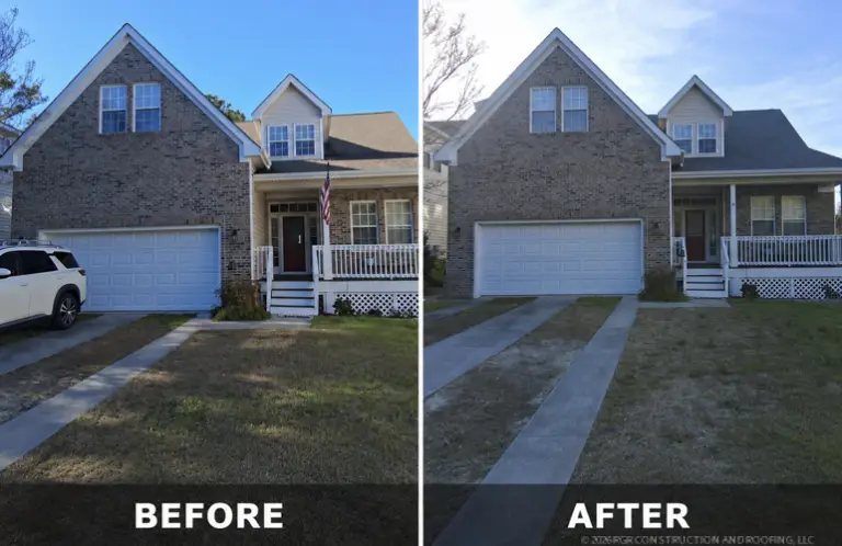 Before and after photo of a completed roof replacement on a brick home in Southport NC by RGR Construction and Roofing.