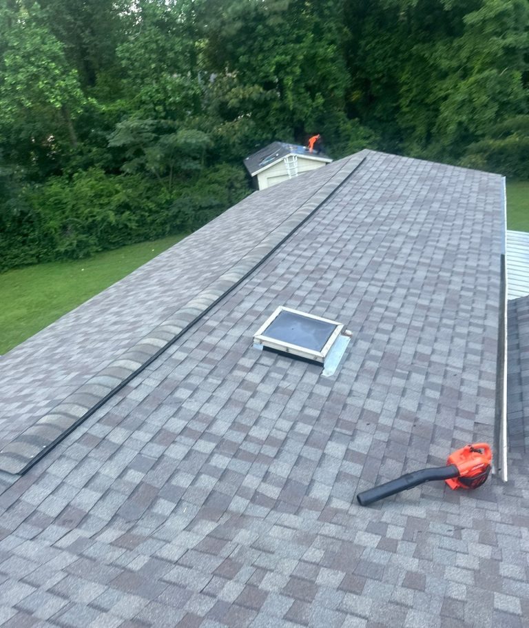 Installed architectural shingles along a roof ridge and beside a skylight in Wilmington
