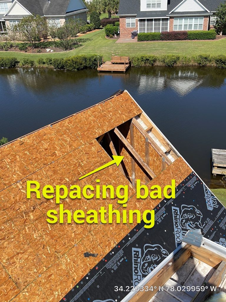 RGR field photo identifying sheathing replacement during a Leland roof installation, with the original location annotation