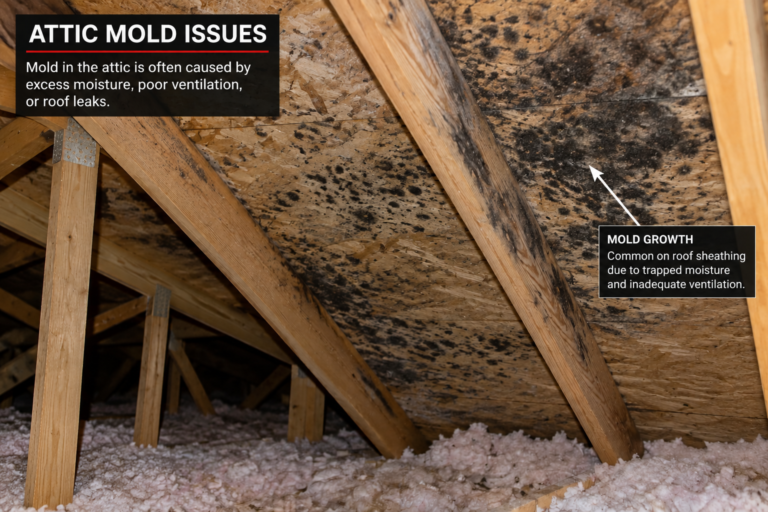 Educational attic mold graphic showing dark growth on roof sheathing and explaining possible moisture, ventilation, and roof leak causes