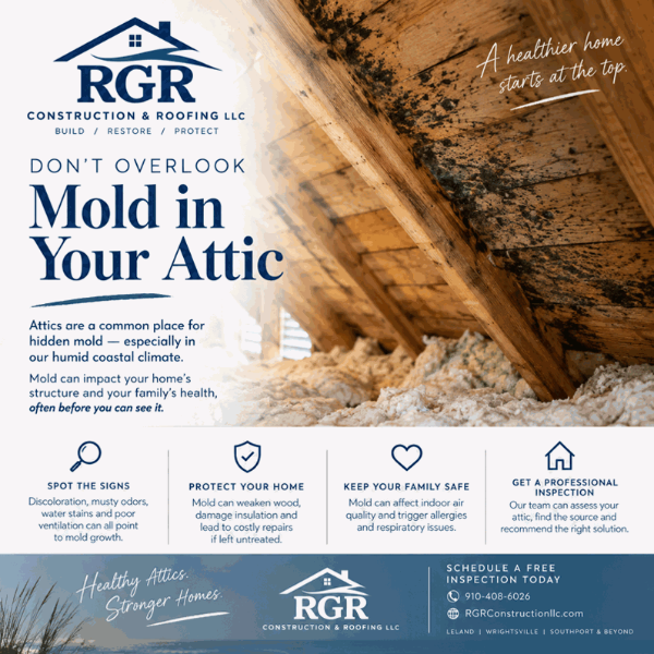 RGR graphic: Do not overlook mold in your attic, with moisture warning signs and an invitation to arrange an inspection
