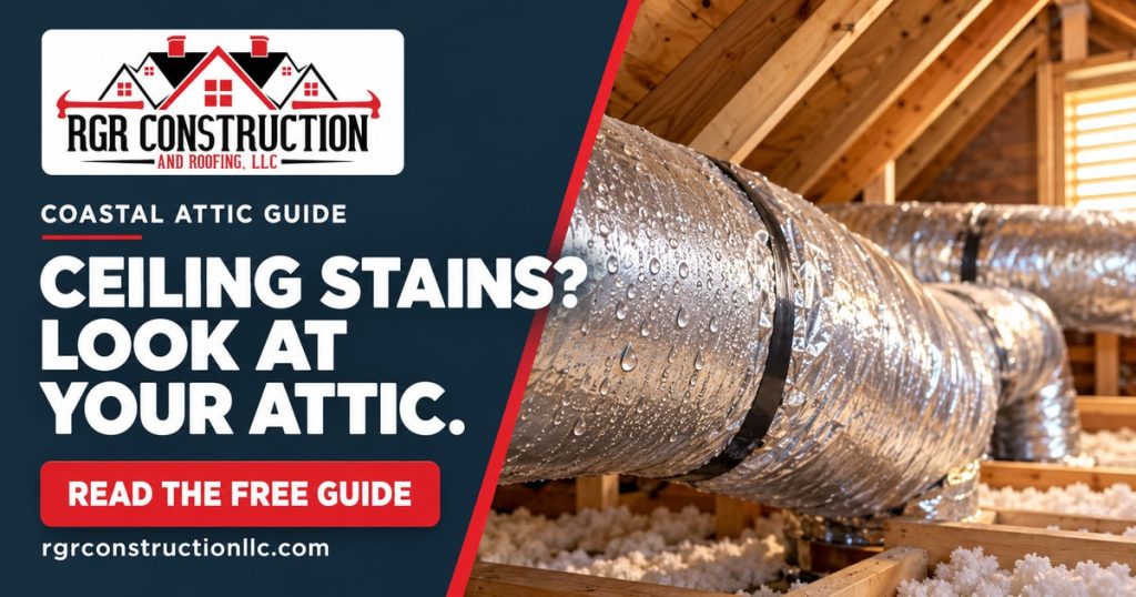 RGR Coastal Attic Guide graphic: Ceiling stains? Look at your attic. Illustrated attic ductwork with condensation and a link to the free guide.