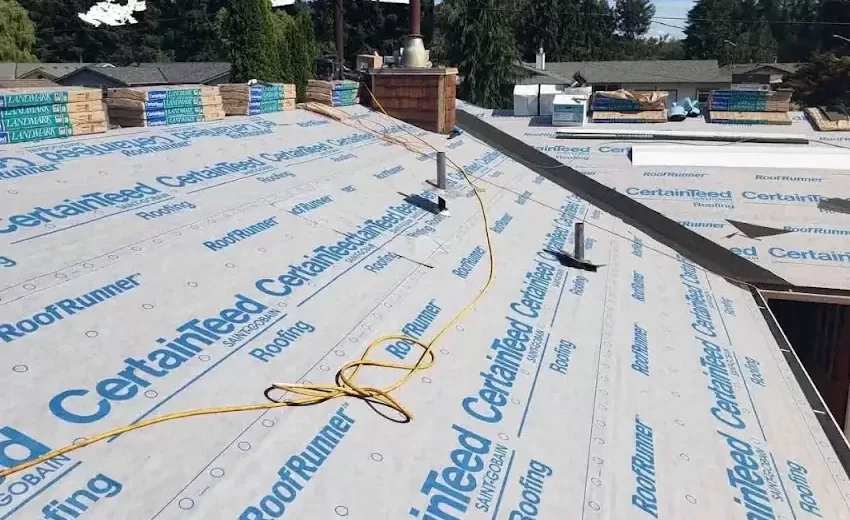 CertainTeed RoofRunner synthetic underlayment covering a roof before shingles
