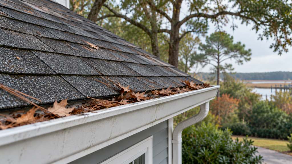 White rain gutter with fallen oak leaves and pine needles beside a shingle roof.