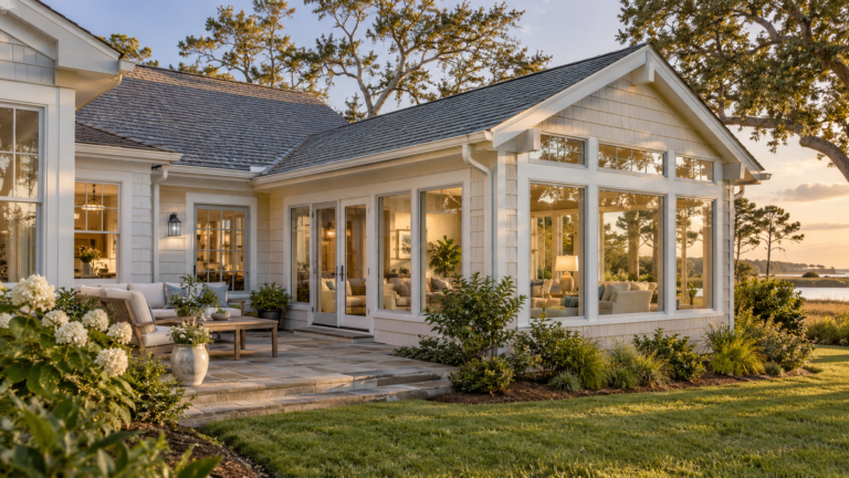 AI-generated concept of a coastal-style home with a connected living-room addition and landscaped patio