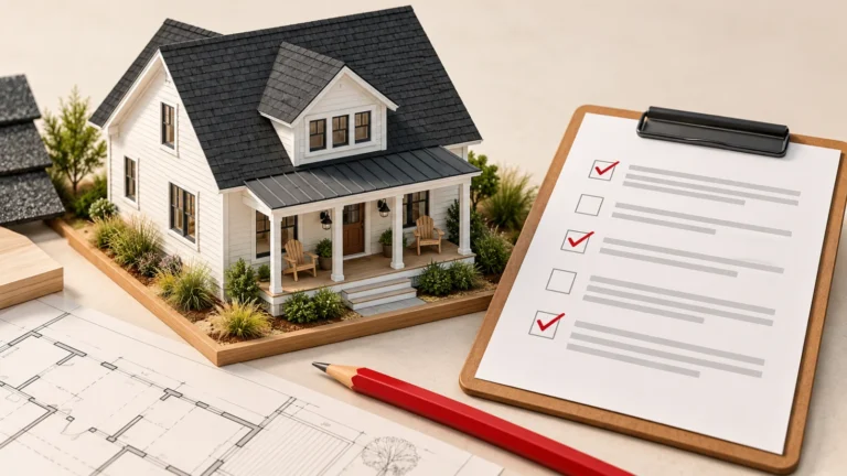 Illustration of a coastal house model beside an estimate checklist, architectural plans and a red pencil.